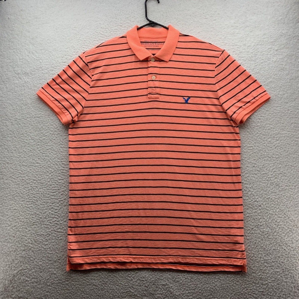 American Eagle Polo Shirt Mens 2XL XXL‎ Slim Fit Salmon Pink Black Striped Dad